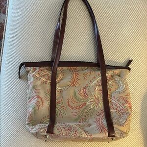 Talbots Floral Paisley Canvas Tote with Brown Leather Straps